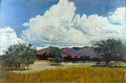 AMERICAN SCHOOL (20th Century,), Cloud-filled landscape., Oil on masonite, 24" x 36". Unframed.