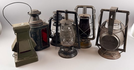 SIX RAILROAD-RELATED LANTERNS 19th Century Heights from 11.5" to 17.5".