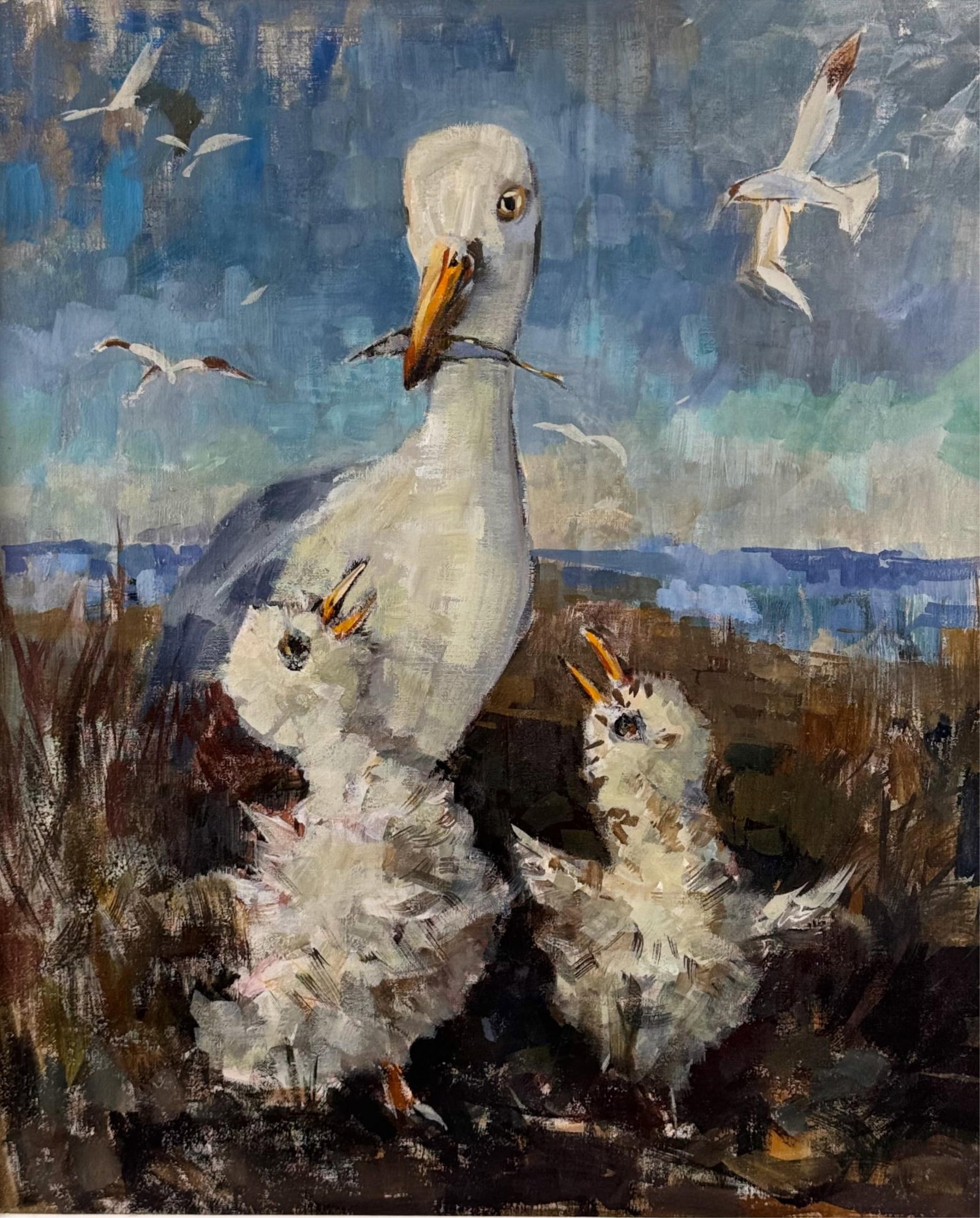 AMERICAN SCHOOL (20th Century,), "Hungry Fledglings"., Oil on board, 24" x 20". Framed 31" x 28".: AMERICAN SCHOOL 20th Century "Hungry Fledglings". Unsigned. Titled on sticker verso. Oil on board, 24" x 20". Framed 31" x 28".