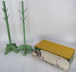 THREE CHILD-SIZE PAINTED WOODEN ITEMS 20th Century Box length 38". Coat rack heights 49.5".