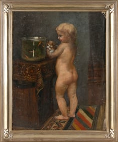 AMERICAN SCHOOL (19th Century,), A baby holding up a cat to view a goldfish bowl., Oil on board, 20"