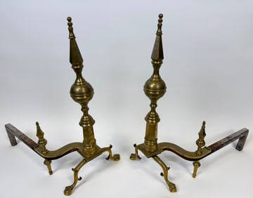 PAIR OF HEAVY BRASS CHIPPENDALE-STYLE ANDIRONS Late 19th/Early 20th Century Heights 27". Depths 23".