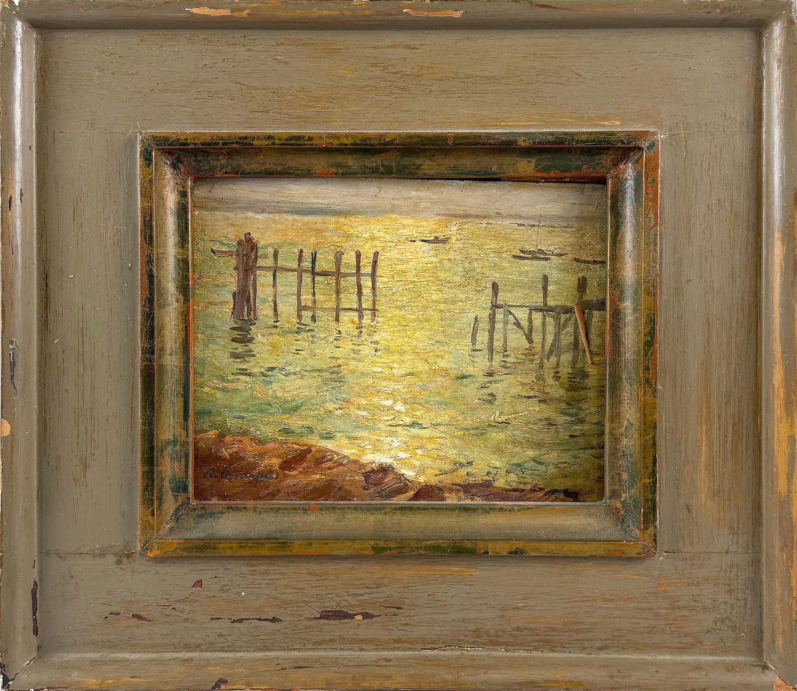 AMERICAN SCHOOL (Early 20th Century,), "Old Nahant Steamboat Pier"., Oil on board, 8" x 10". Framed: AMERICAN SCHOOLEarly 20th Century"Old Nahant Steamboat Pier". Signed lower right "R. Andrew". Titled verso.Oil on board, 8" x 10". Framed 13.75" x 15.25".