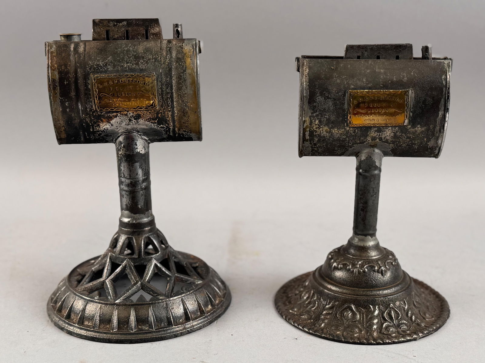 PAIR OF UFFORD TIN AND CAST IRON LAMPS Mid-19th Century Heights approx. 8.5". (1 of 4)