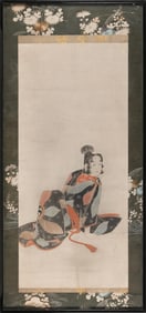 JAPANESE SCROLL PAINTING ON PAPER OF A SEATED BIJIN Meiji Period 43" x 18.5". Framed 52.5" x 24.5".