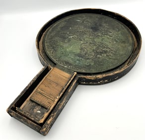 JAPANESE BRONZE MIRROR Late Meiji Period Mirror length 14.5". Case length 17".