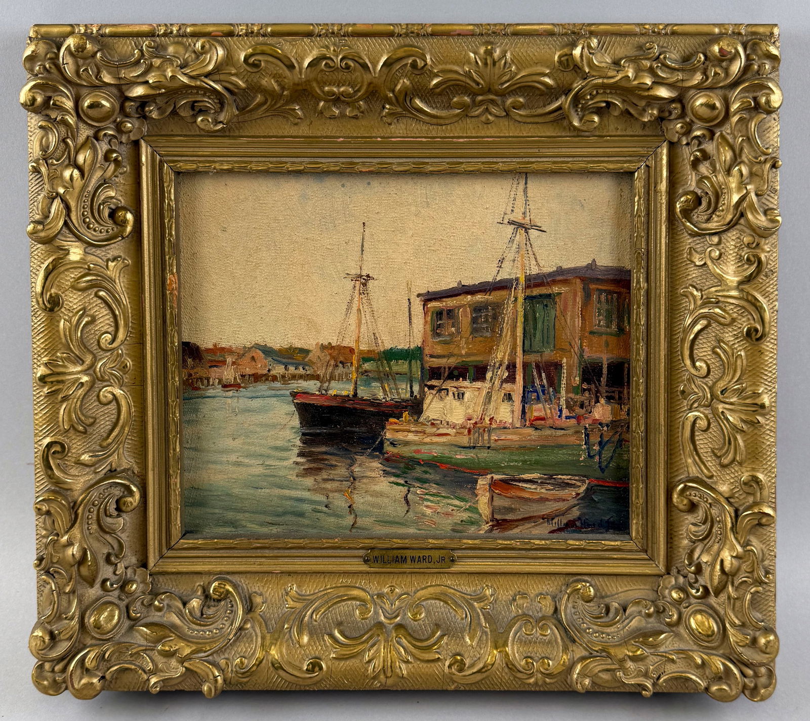 C. HJALMAR CAPPY AMUNDSEN (Maine/New York/Massachusetts, 1911-2001), Harbor scene with fishing: C. HJALMAR CAPPY AMUNDSENMaine/New York/Massachusetts, 1911-2001Harbor scene with fishing boats. Signed lower right "William Ward Jr.", a known pseudonym for Amundsen.Oil on canvas board, 8" x 10". Fr