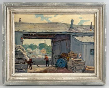 JACOB I. GREENLEAF (Massachusetts, 1887-1968), "Eddies Alley"., Oil on board, 9" x 12". Framed 12" x