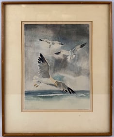 LESLIE LANE (Contemporary,), Seagulls in flight., Color aquatint, 14.5" x 12". Framed 23" x 20".