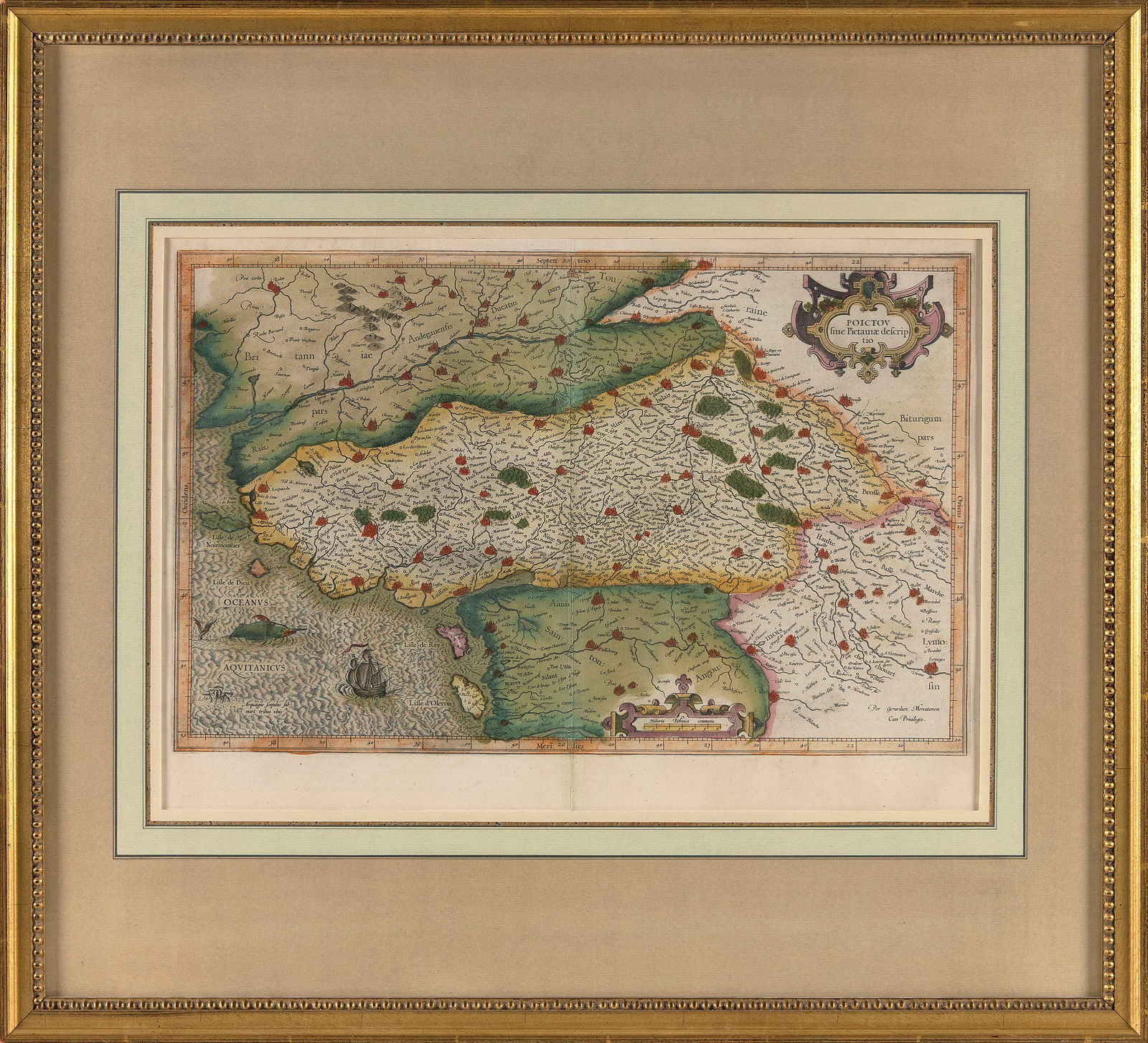 HAND-COLORED ENGRAVED MAP OF WESTERN FRANCE BY MERCATOR Late 16th Century 13" x 18.75". Framed 23.5" (1 of 2)