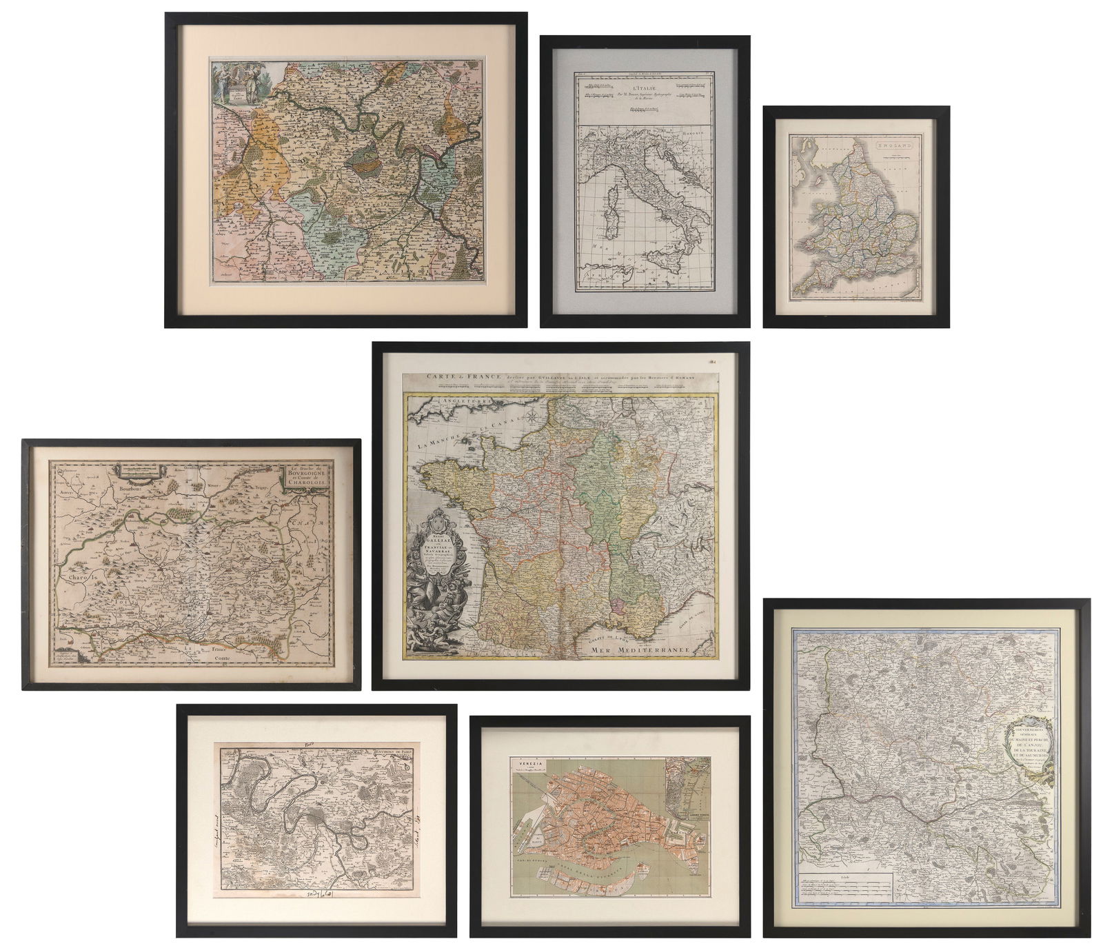 EIGHT ANTIQUE MAPS 17th-20th Century All housed in simple black frames. (1 of 7)