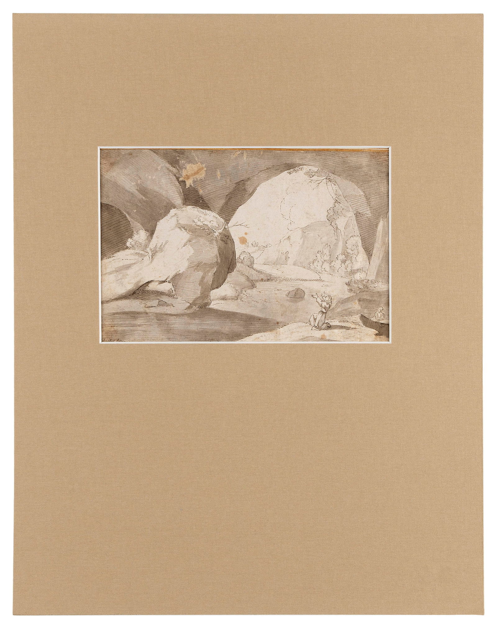 TWENTY-TWO WORKS ON PAPER: TWENTY-TWO WORKS ON PAPER1) Man worshiping by the river's edge by Salvator Rosa (1615-1673). Signed in ink lower left "Salvator Rosa". Pen and ink and wash on cream laid paper, 6.5" x 10" (165mm x 255