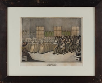 HAND-COLORED LITHOGRAPH "SHAKERS, THEIR MODE OF WORSHIP" 19th Century 10" x 13" sight. Framed 17.5"