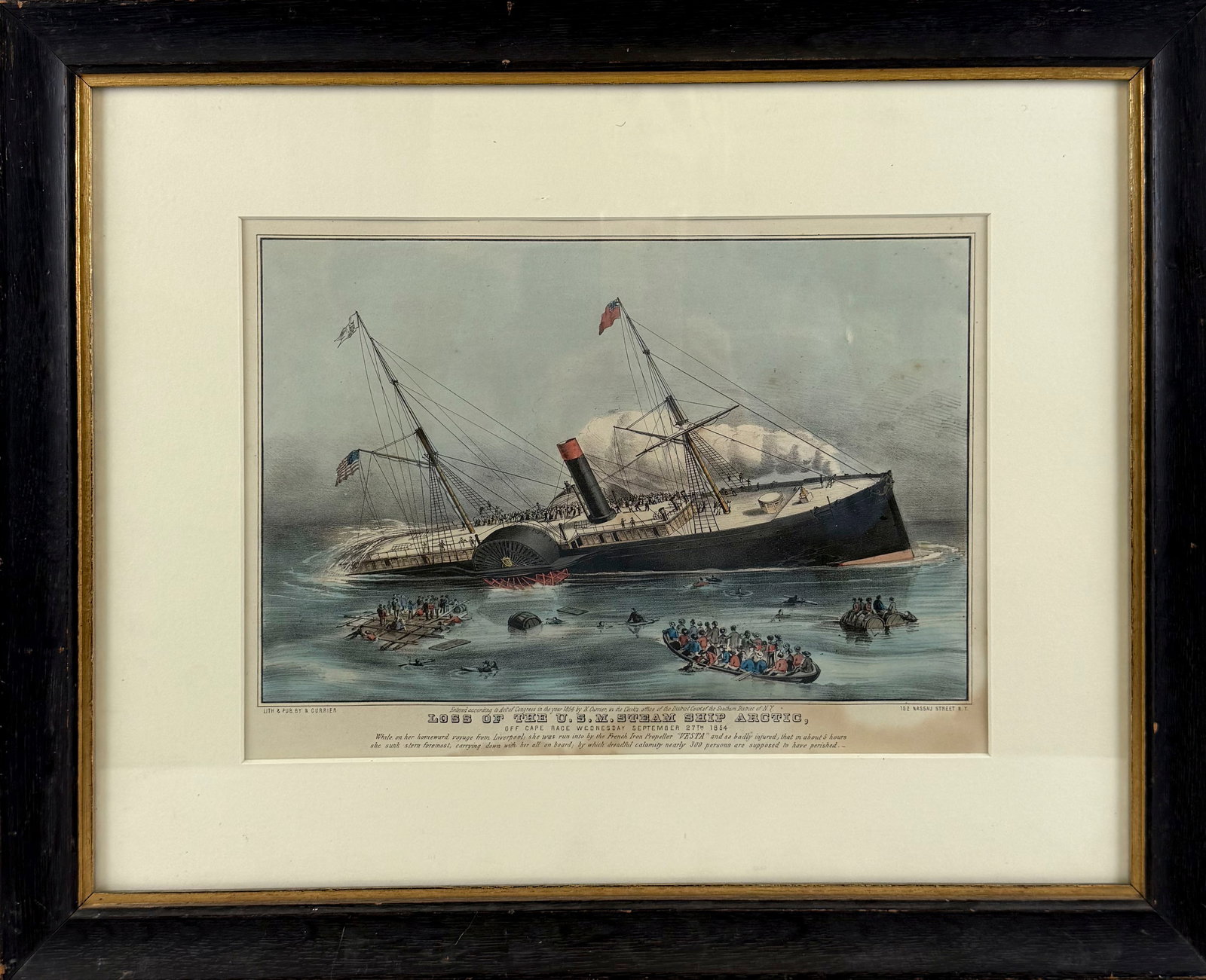 N. CURRIER HAND-COLORED LITHOGRAPH "LOSS OF THE U.S.M. STEAM SHIP ARCTIC" 19th Century 9.5" x 13" (1 of 4)