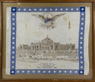 CENTENNIAL COMMEMORATIVE BANDANA "MEMORIAL HALL ART GALLERY" America, 1876 Printed fabric, 20" x
