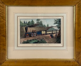 N. CURRIER HAND-COLORED LITHOGRAPH "THE EXPRESS TRAIN" 19th Century 7.75" x 12.125" sight. Framed