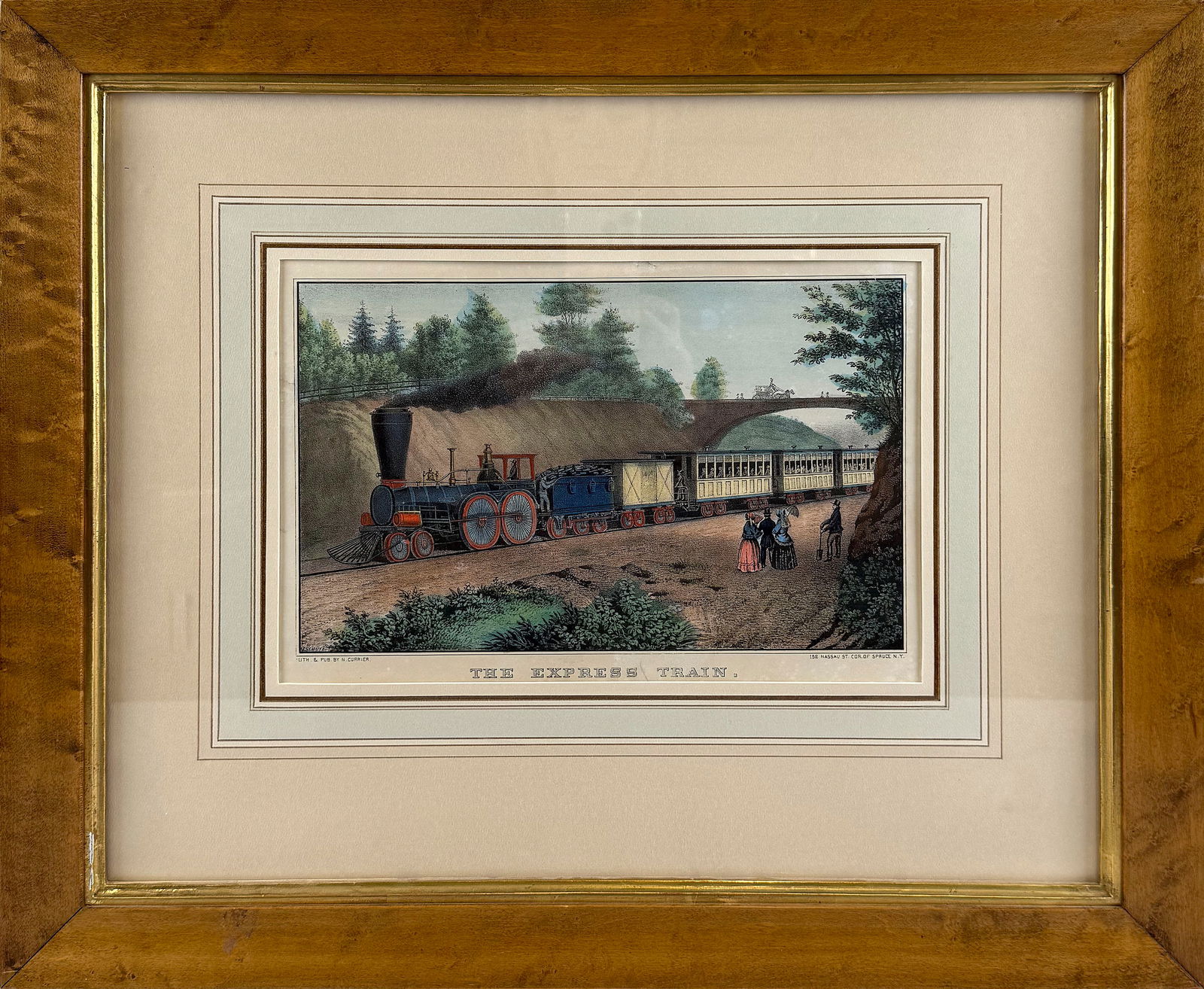 N. CURRIER HAND-COLORED LITHOGRAPH "THE EXPRESS TRAIN" 19th Century 7.75" x 12.125" sight. Framed (1 of 6)