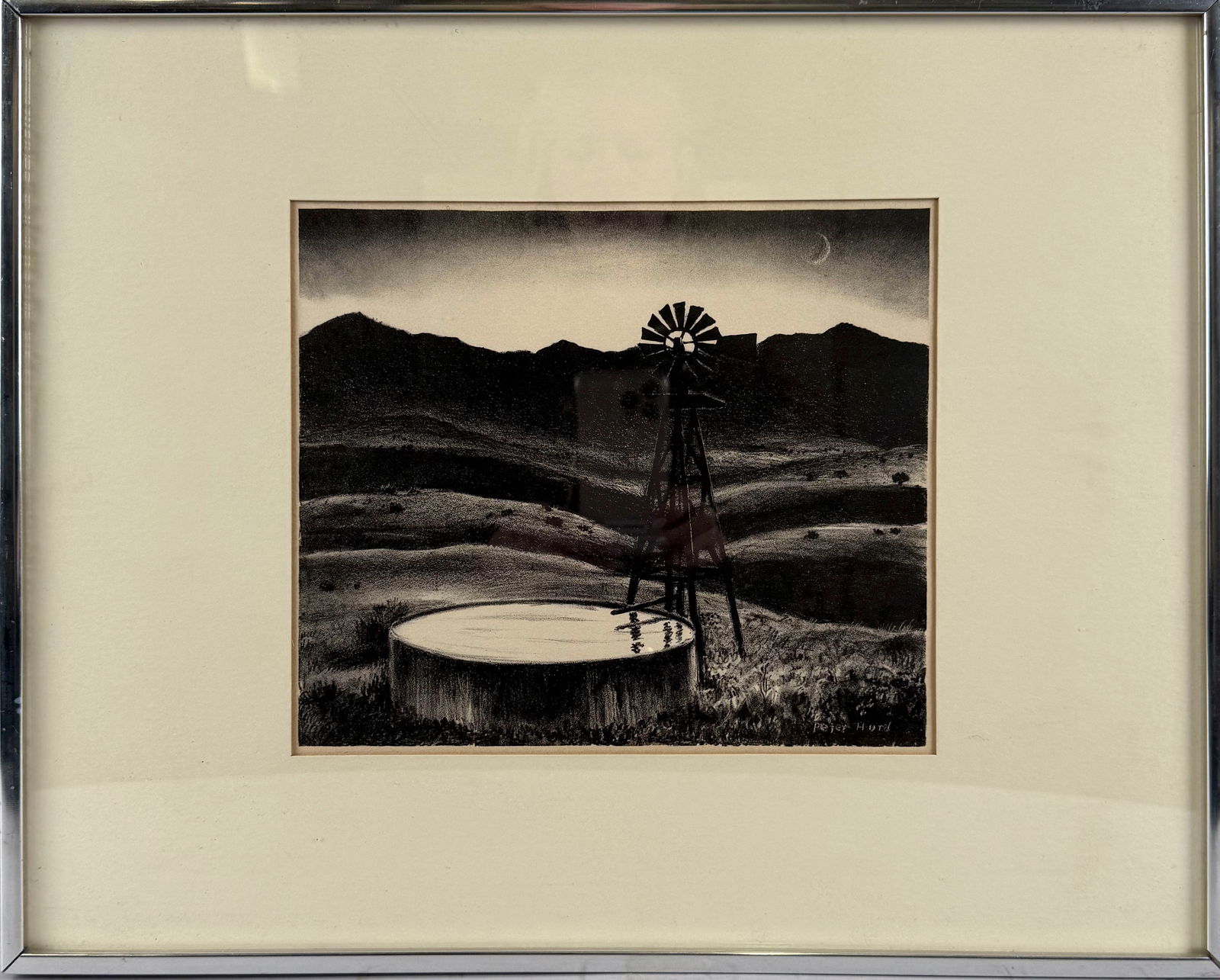 PETER HURD (New Mexico/Pennsylvania, 1904-1984), "Windmill and Well At Dusk"., Lithograph, 8.5" x: PETER HURDNew Mexico/Pennsylvania, 1904-1984"Windmill and Well At Dusk". Signed in print lower right.Lithograph, 8.5" x 10". Framed 15.25" x 19.25".
