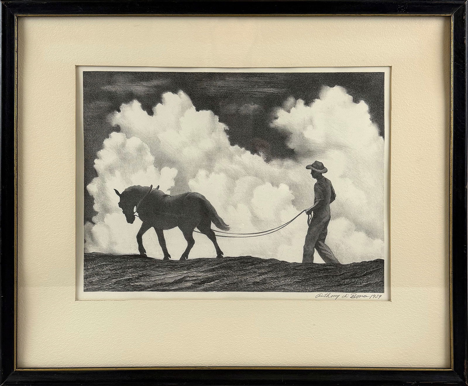 ANTHONY DI BONA (New York/Massachusetts, 1896-), "Plowman", 1939., Etching, 10" x 14". Framed 17" x: ANTHONY DI BONANew York/Massachusetts, 1896-"Plowman", 1939. Signed in pencil lower right "Anthony Di Bona".Etching, 10" x 14". Framed 17" x 21".