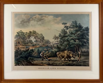 CURRIER & IVES HAND-COLORED LITHOGRAPH "AMERICAN FARM SCENE" New York, 19th Century Image 16.625" x