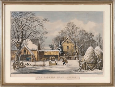 CURRIER & IVES HAND-COLORED LITHOGRAPH "THE FARMER'S HOME WINTER" 19th Century 16.75" x 24.25"