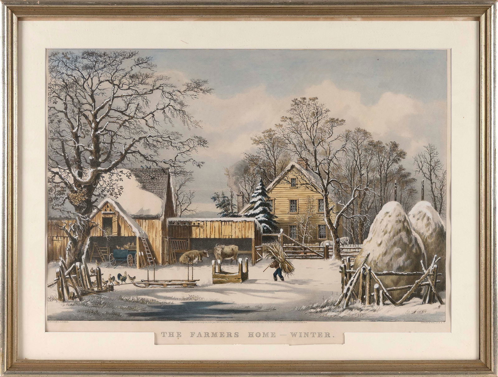 CURRIER & IVES HAND-COLORED LITHOGRAPH "THE FARMER'S HOME WINTER" 19th Century 16.75" x 24.25" (1 of 4)
