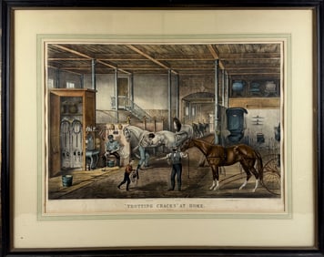 CURRIER & IVES HAND-COLORED LITHOGRAPH "TROTTING CRACKS AT HOME A MODEL STABLE" New York, 19th