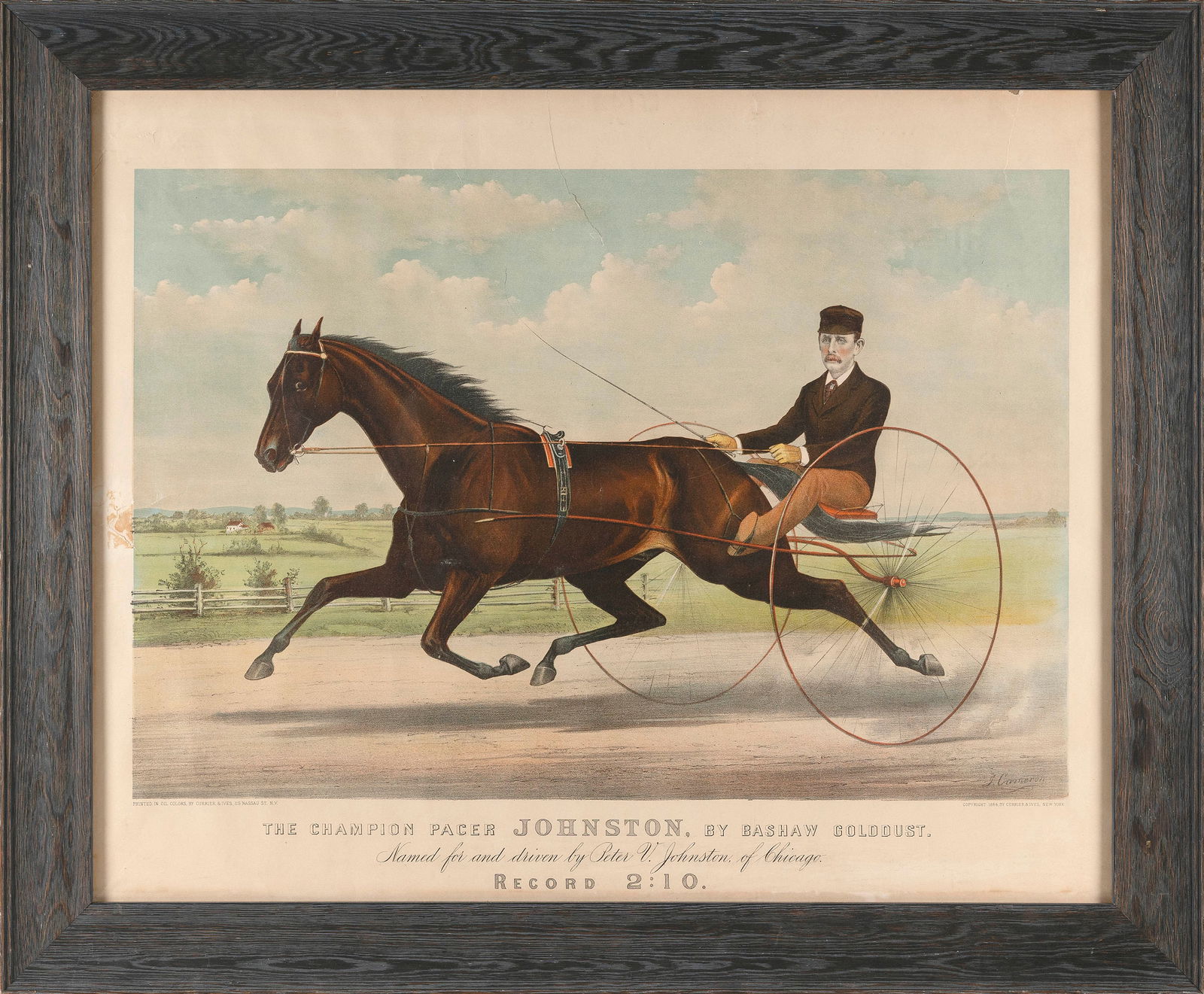 CURRIER & IVES HAND-COLORED LITHOGRAPH "THE CHAMPION PACER JOHNSTON, BY BASHAW GOLDDUST" New York, (1 of 2)