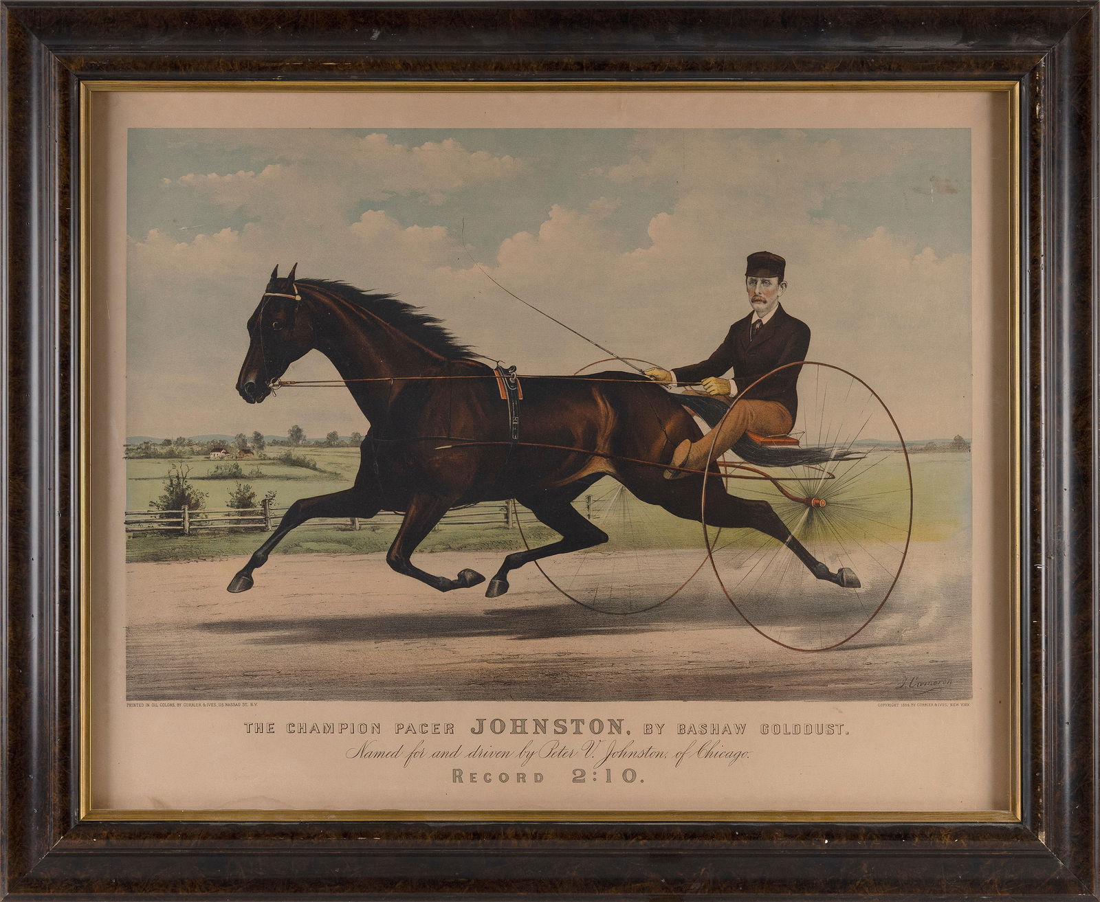 CURRIER & IVES HAND-COLORED LITHOGRAPH "THE CHAMPION PACER JOHNSTON, BY BASHAW GOLDDUST" New York, (1 of 2)