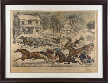CURRIER & IVES HAND-COLORED LITHOGRAPH "A BRUSH FOR THE LEAD (FLYERS ON THE SNOW)" New York, 1867