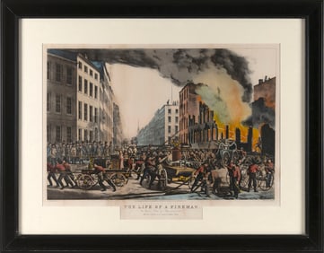 N. CURRIER HAND-COLORED LITHOGRAPH "THE LIFE OF A FIREMAN" 19th Century 17.25" x 26" sight. Framed