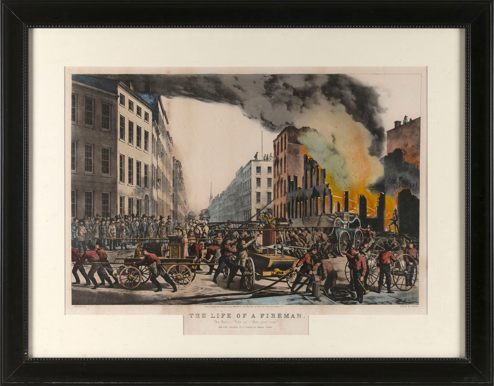 N. CURRIER HAND-COLORED LITHOGRAPH "THE LIFE OF A FIREMAN" 19th Century 17.25" x 26" sight. Framed (1 of 4)