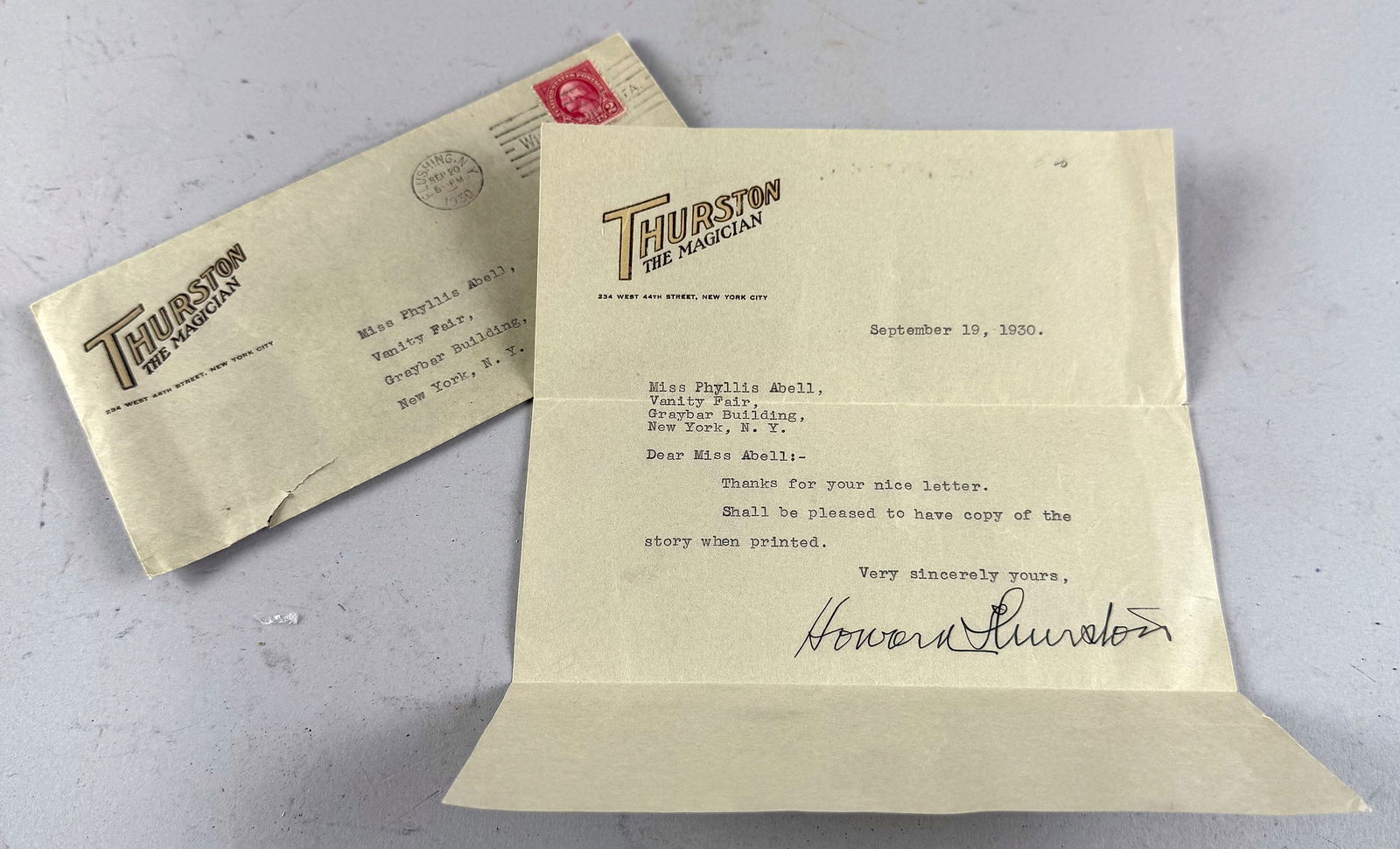 THURSTON THE MAGICIAN AUTOGRAPHED LETTER SIGNED Letter 9" x 7". (1 of 3)