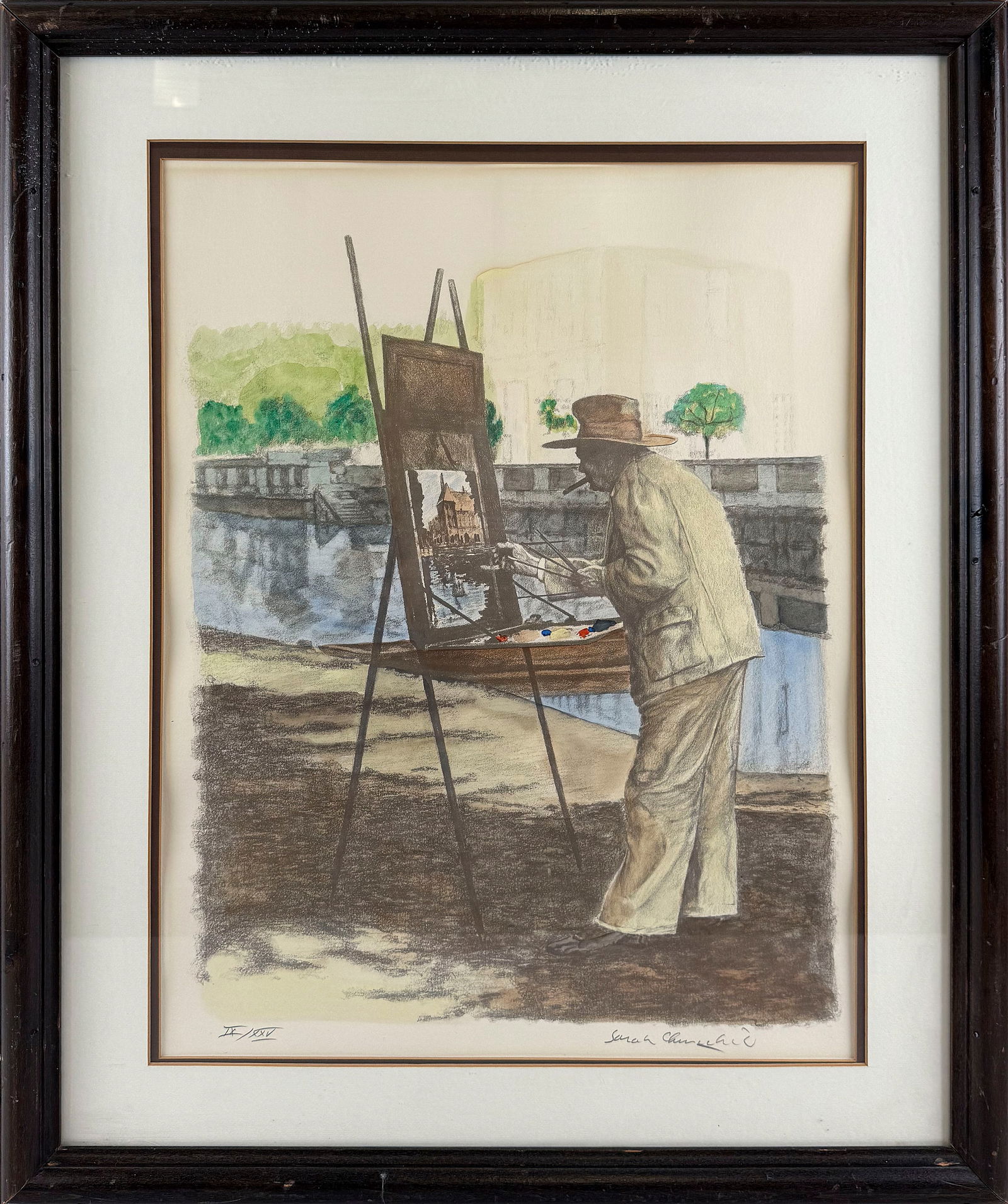 SARAH CHURCHILL (England, 1914-1982), Winston Churchill painting., Colored lithograph, 23" x 16". (1 of 4)