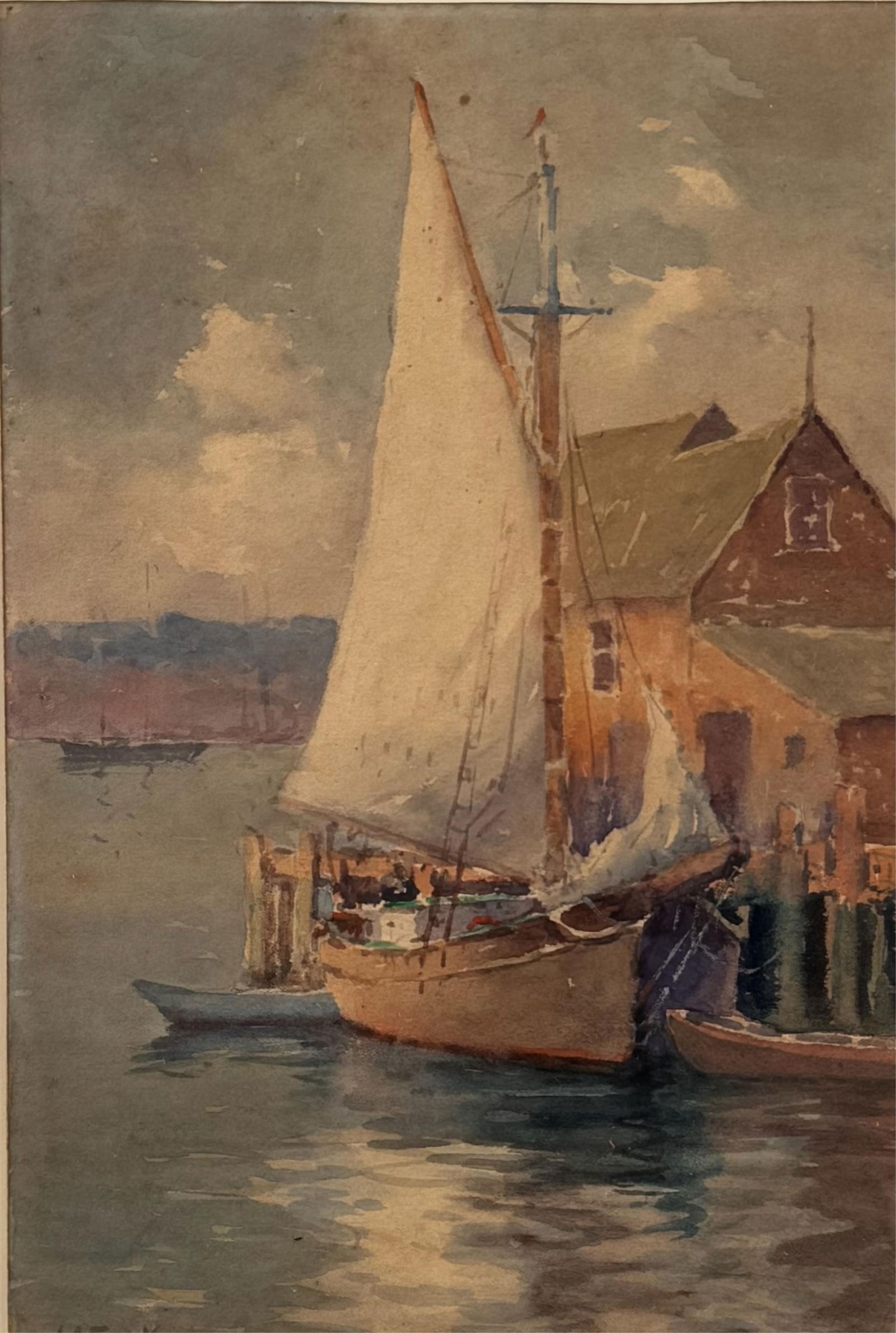 JOHN ALFRED COOK (Massachusetts, 1870-1936), Sailboat at a pier., Watercolor on paper, 11" x 7.25" (1 of 5)
