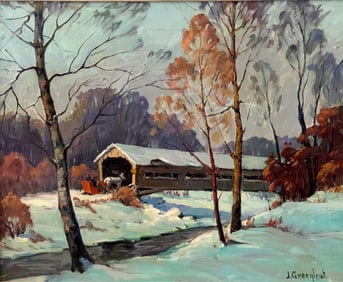 JACOB I. GREENLEAF (Massachusetts, 1887-1968), "Covered Bridge, Hillsborough, NH"., Oil on canvas,