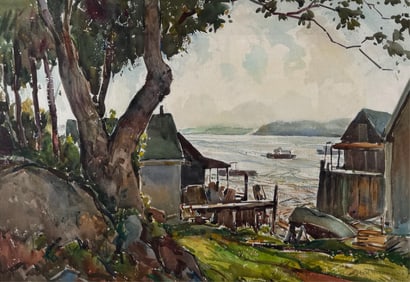 WILLIAM LESTER STEVENS (Massachusetts, 1888-1969), Houses on a cove., Watercolor on paper, 19.75" x