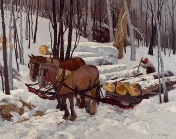 KEN GORE (Massachusetts/Illinois, 1911-1990), "Logging"., Oil on masonite, 24" x 30". Framed 31" x
