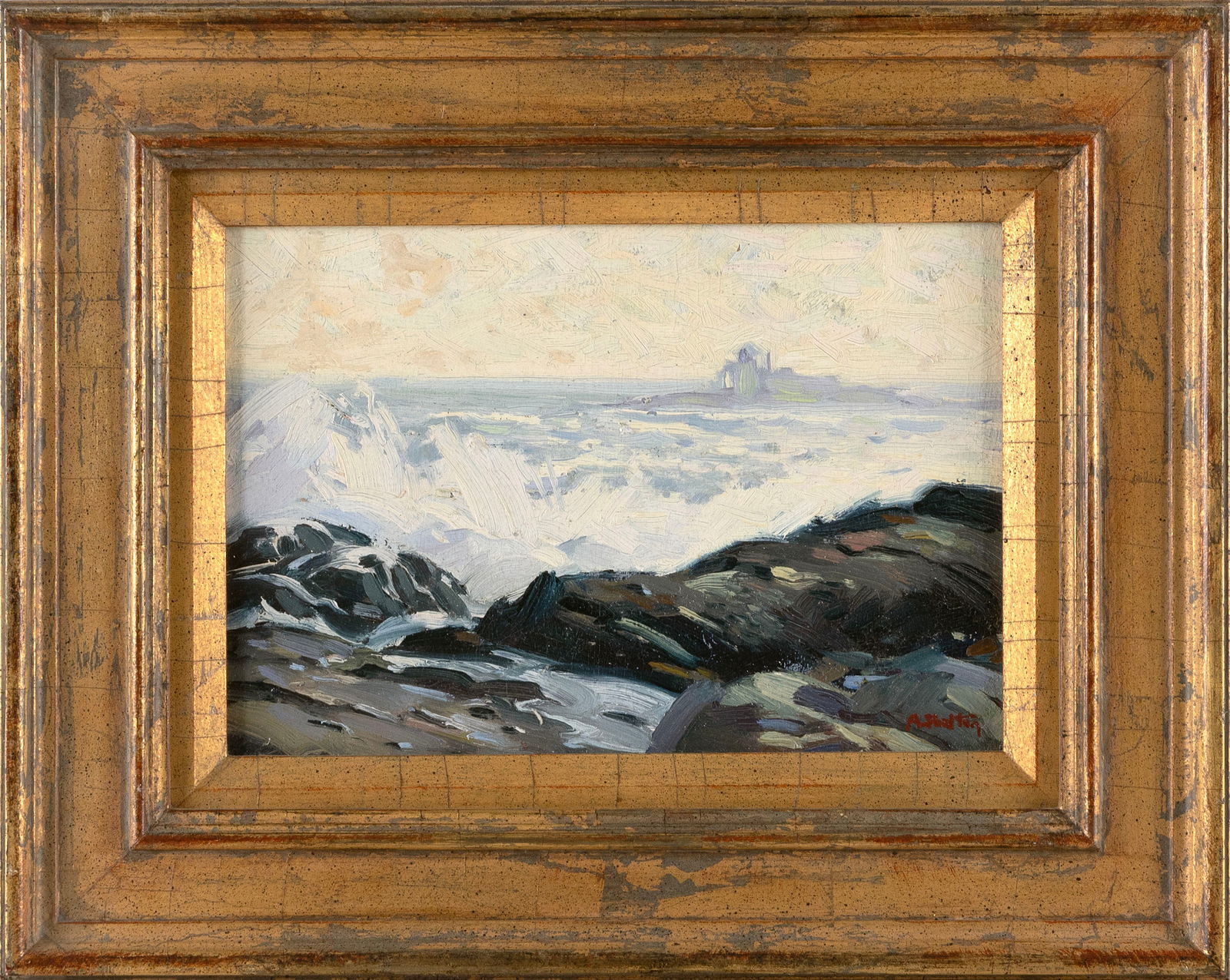 ALPHONSE JOSEPH SHELTON (Maine, 1905-1976), Rocky coastline., Oil on board, 7" x 10". Framed.: ALPHONSE JOSEPH SHELTONMaine, 1905-1976Rocky coastline. Signed lower right "A.J. Shelton".Oil on board, 7" x 10". Framed 12" x 15".