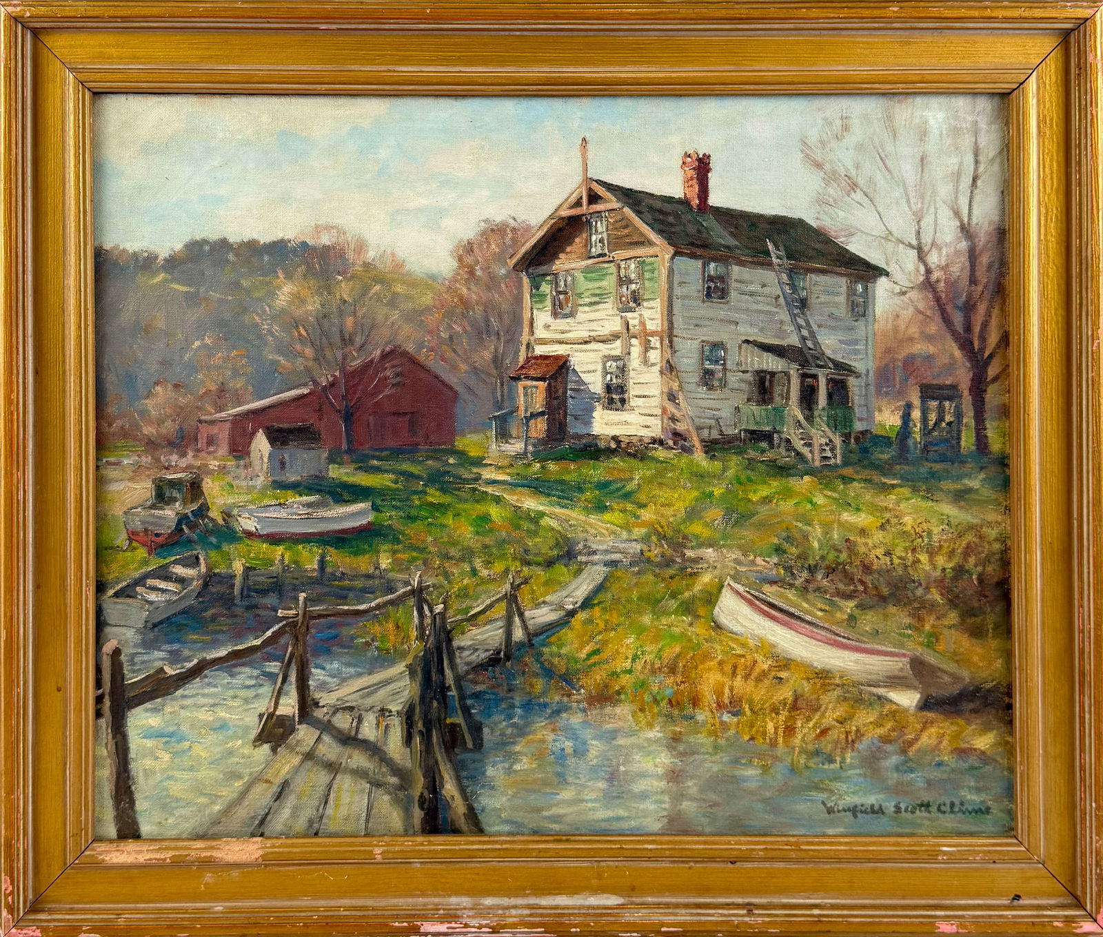 WINFIELD SCOTT CLIME (Connecticut, 1881-1958), Old house with a dock and red barn., Oil on academy (1 of 3)