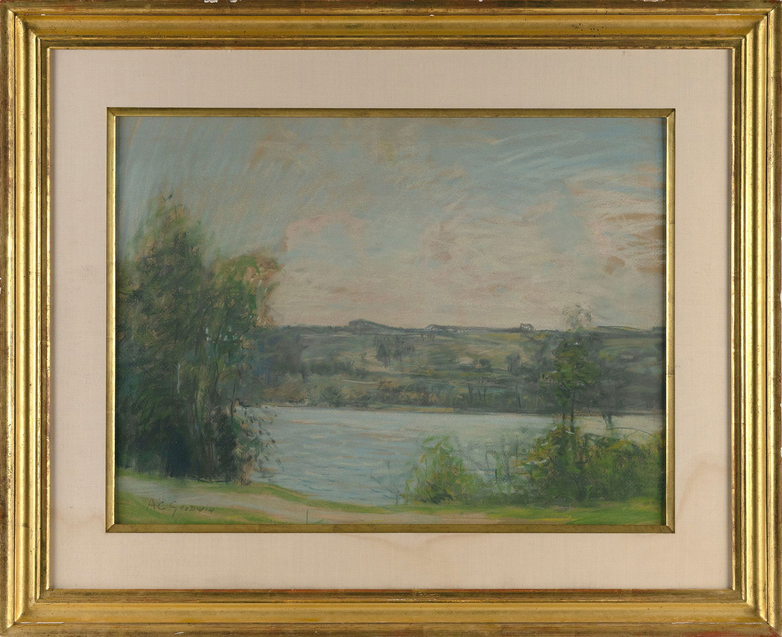 ARTHUR CLIFTON GOODWIN (Massachusetts/New York, 1864-1929), Landscape with pond., Pastel, 17" x 23": ARTHUR CLIFTON GOODWINMassachusetts/New York, 1864-1929Landscape with pond. Signed lower left "A.C. Goodwin".Pastel, 17" x 23" sight. Framed 27" x 33".
