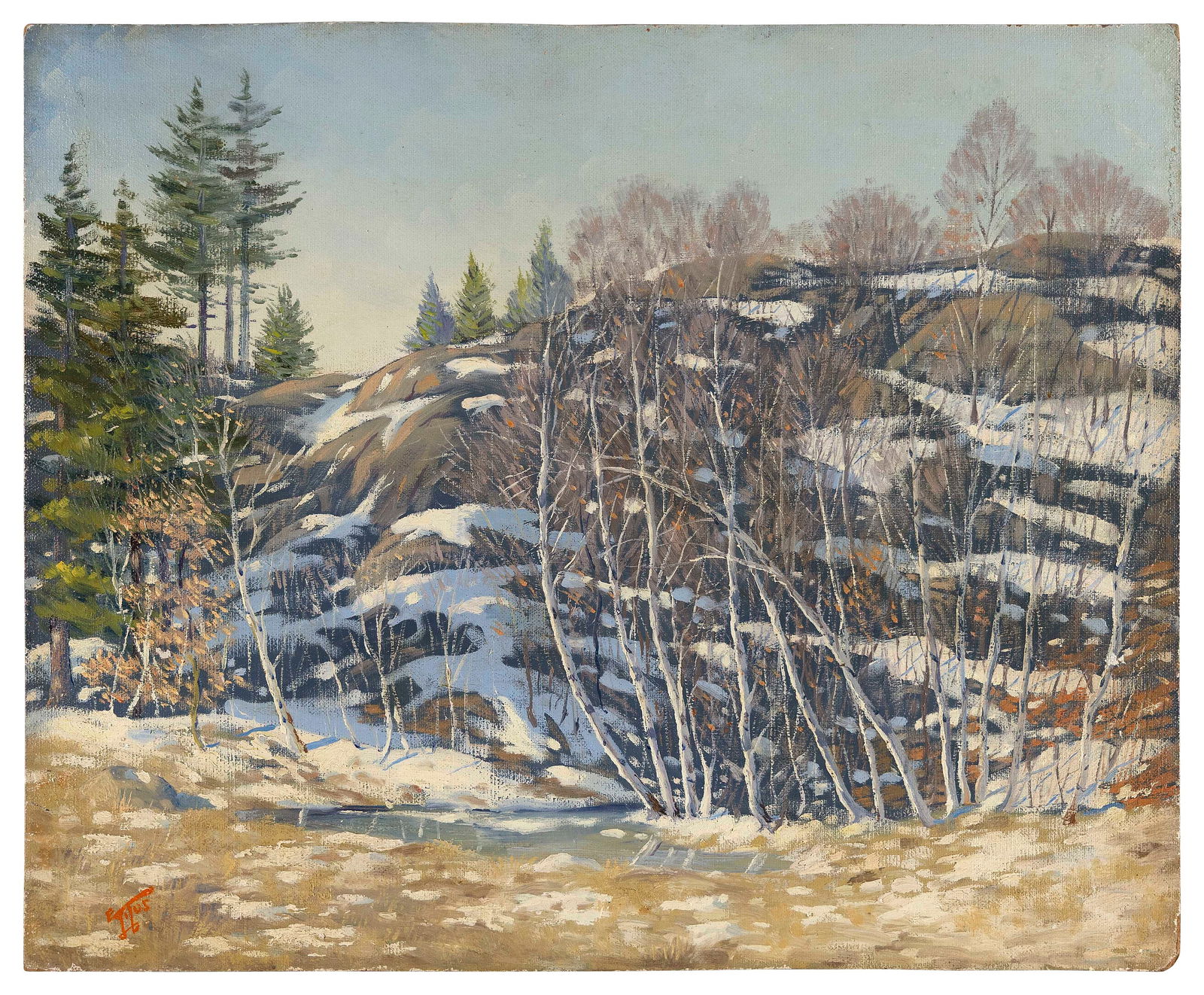 EARLE A. TITUS (Massachusetts/New Hampshire, 1895-1962), Winter landscape with birches., Oil on: EARLE A. TITUSMassachusetts/New Hampshire, 1895-1962Winter landscape with birches. Signed lower left "E. Titus".Oil on masonite, 21.25" x 26". Unframed.