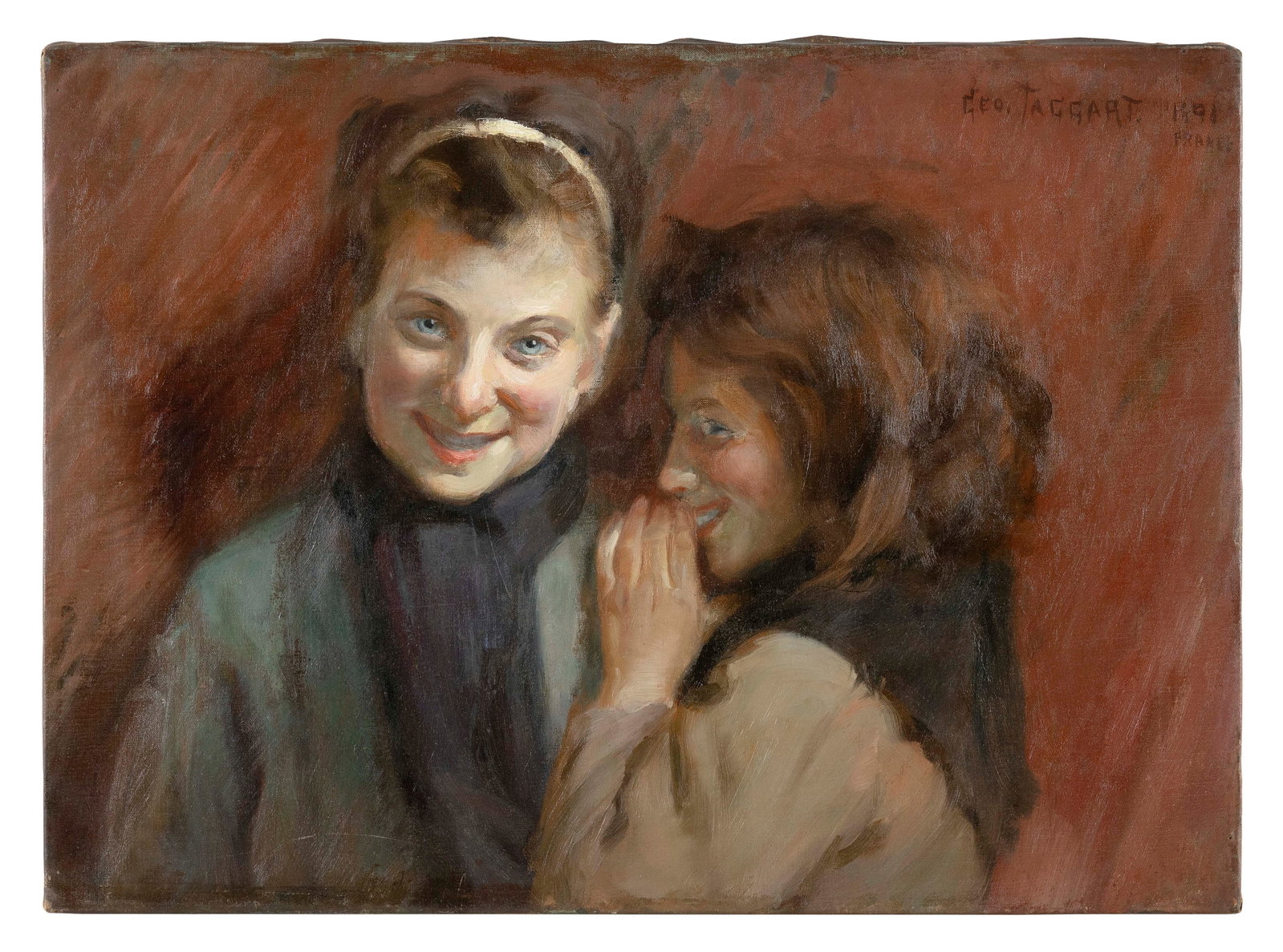 GEORGE HENRY TAGGART (New York/Utah, 1865-1924), Two giggling young women., Oil on canvas, 18" x: GEORGE HENRY TAGGART New York/Utah, 1865-1924 Two giggling young women. Signed and dated upper right "Geo. Taggart 1891 France". Oil on canvas, 18" x 25". Unframed.