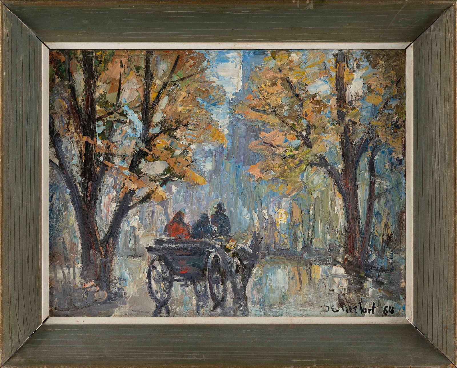 BELA DE TIREFORT (New York/Florida/Austria, 1894-1993), Horse and carriage ride., Oil on artist: BELA DE TIREFORT New York/Florida/Austria, 1894-1993 Horse and carriage ride. Signed lower right "De Tirefort 64". Oil on artist board, 12" x 16". Framed 16" x 20".