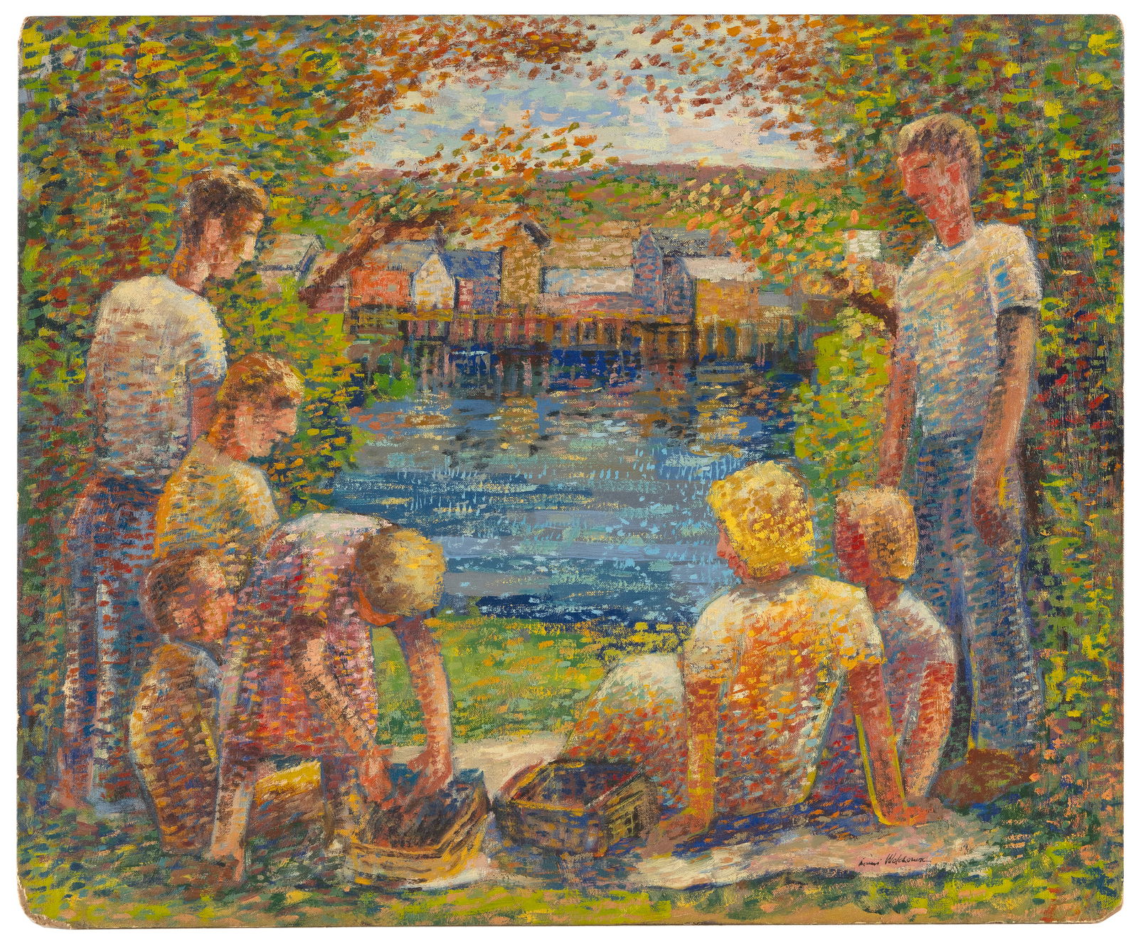 LOUIS WOLCHONOK (New York, 1898-1973), Summer picnic., Oil on canvas board, 20" x 24". Unframed. (1 of 2)