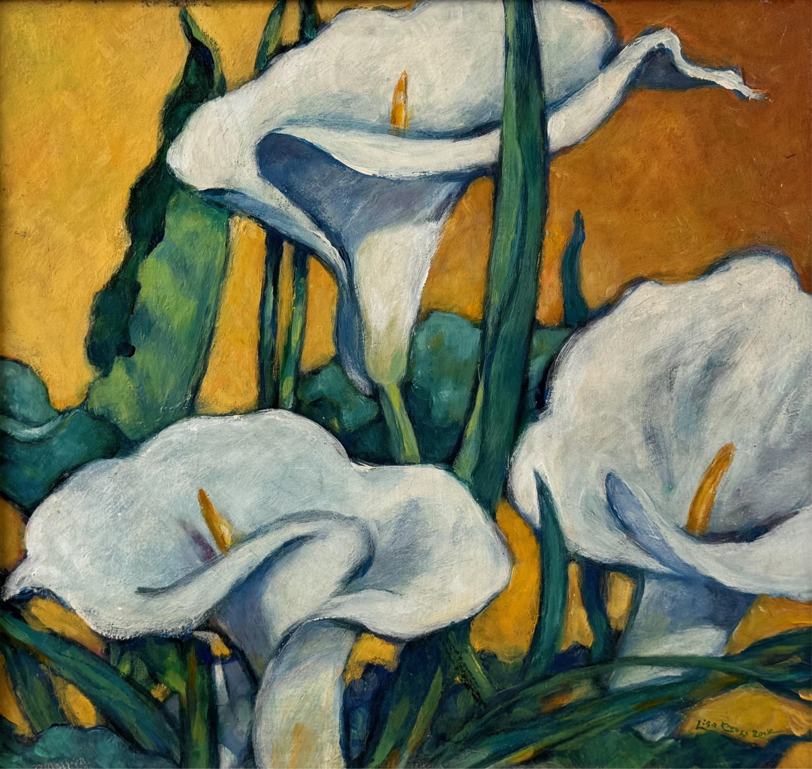 LISA KRAUSS ROCK (America, 20th Century), Lilies., Oil on board, 15" x 16". Framed 17" x 18".: LISA KRAUSS ROCK America, 20th Century Lilies. Signed lower right "Lisa Krauss Rock". Oil on board, 15" x 16". Framed 17" x 18". Provenance: The Estate of Jim Lyons.