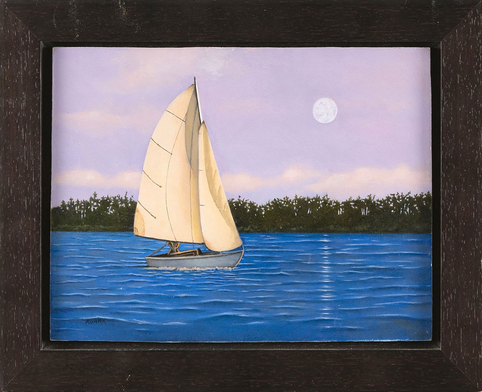 ROBERT K. ROARK (Massachusetts/New York, 1944-), "Moonlight Sail"., Oil on panel, 6" x 8". Framed 8": ROBERT K. ROARKMassachusetts/New York, 1944-"Moonlight Sail". Signed lower left "Roark".Oil on panel, 6" x 8". Framed 8" x 10".