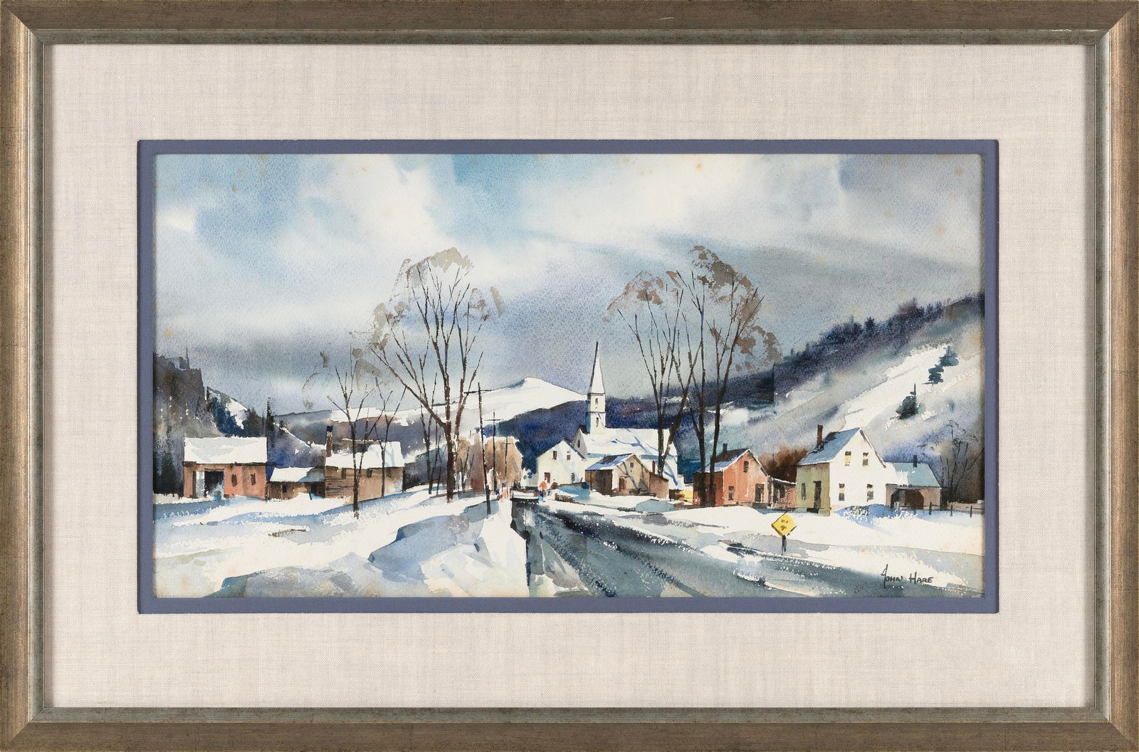 JOHN CUTHBERT HARE (Massachusetts/Florida, 1908-1978), Winter scene of a village church and: JOHN CUTHBERT HAREMassachusetts/Florida, 1908-1978Winter scene of a village church and surrounding homes, possibly Vermont. Signed lower right.Watercolor, 11" x 21" sight. Framed 19" x 29".