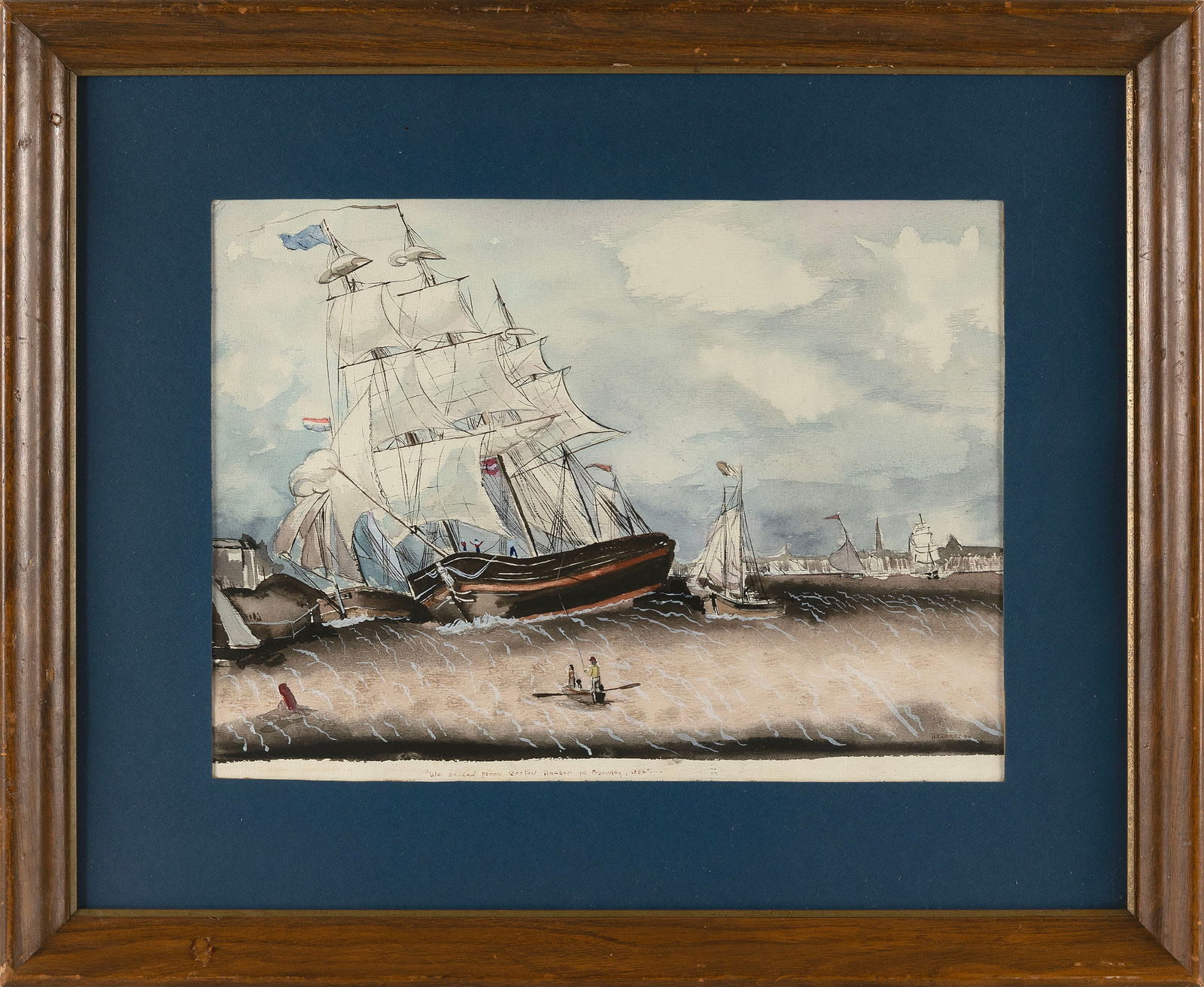 H.F. DOKET (20th Century,), "We Sailed from Boston Harbor in February 1852"., Watercolor on paper,: H.F. DOKET20th Century"We Sailed from Boston Harbor in February 1852". Signed and dated lower right "H.F. Doket '94".Watercolor on paper, 11" x 15". Framed 18.5" x 22".
