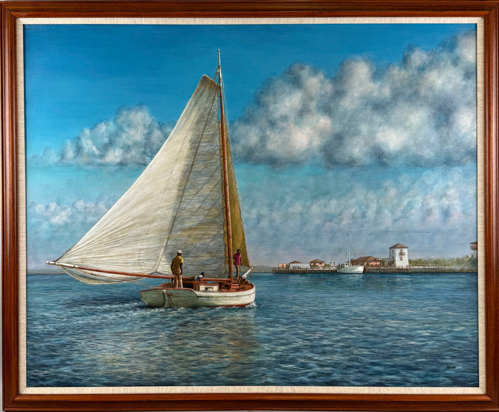 DUSK SCHMIDT (America, 20th Century), Samson Cay, Marina Harbor, Bahamas., Acrylic on canvas, 32" x: DUSK SCHMIDT America, 20th Century Samson Cay, Marina Harbor, Bahamas. Signed lower right "Dusk". Titled and location identified verso. Acrylic on canvas, 32" x 40". Framed 36" x 43".